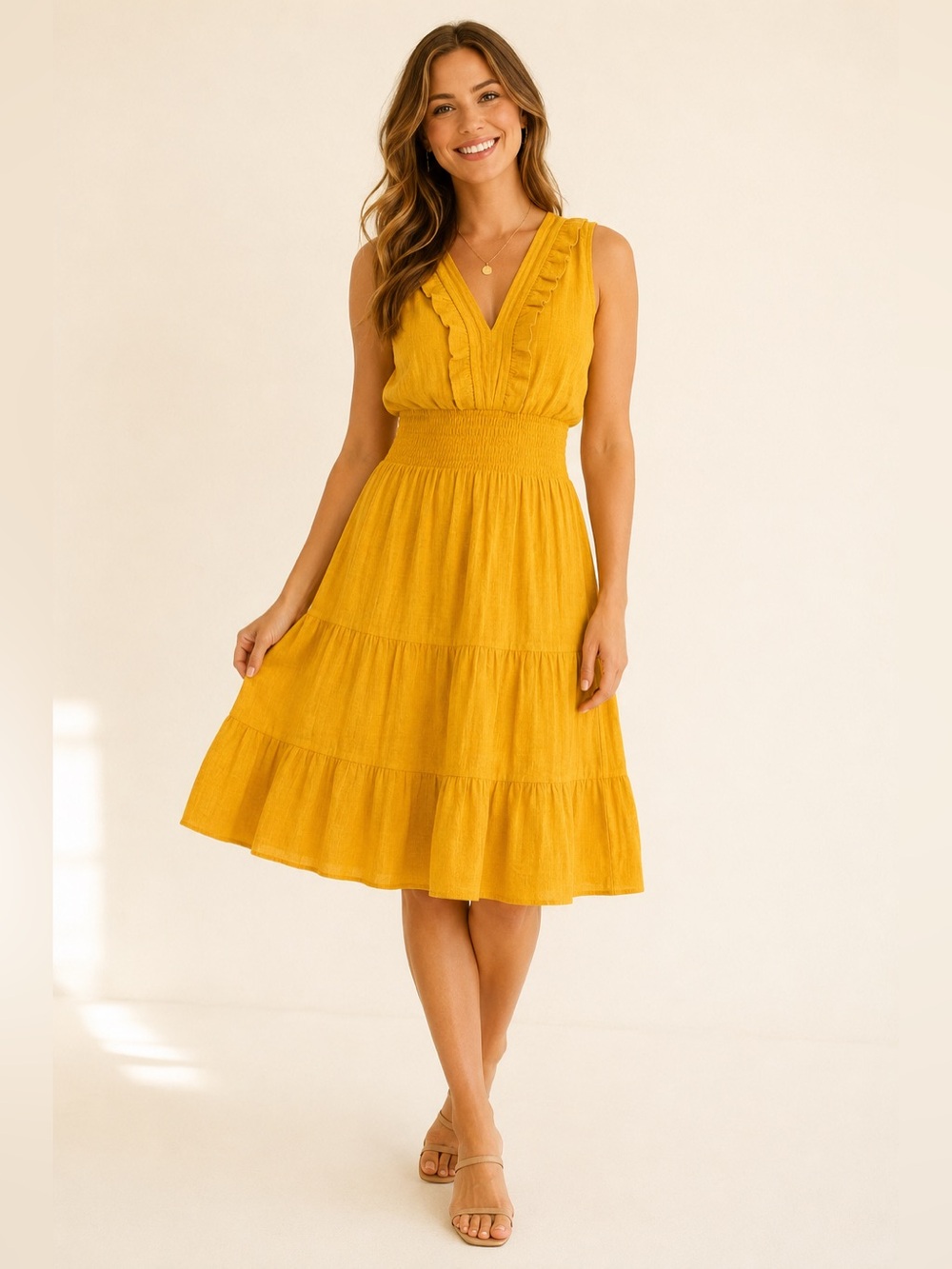 J. GEE Mustard Yellow Smocked Waist Tiered Boho Dress M